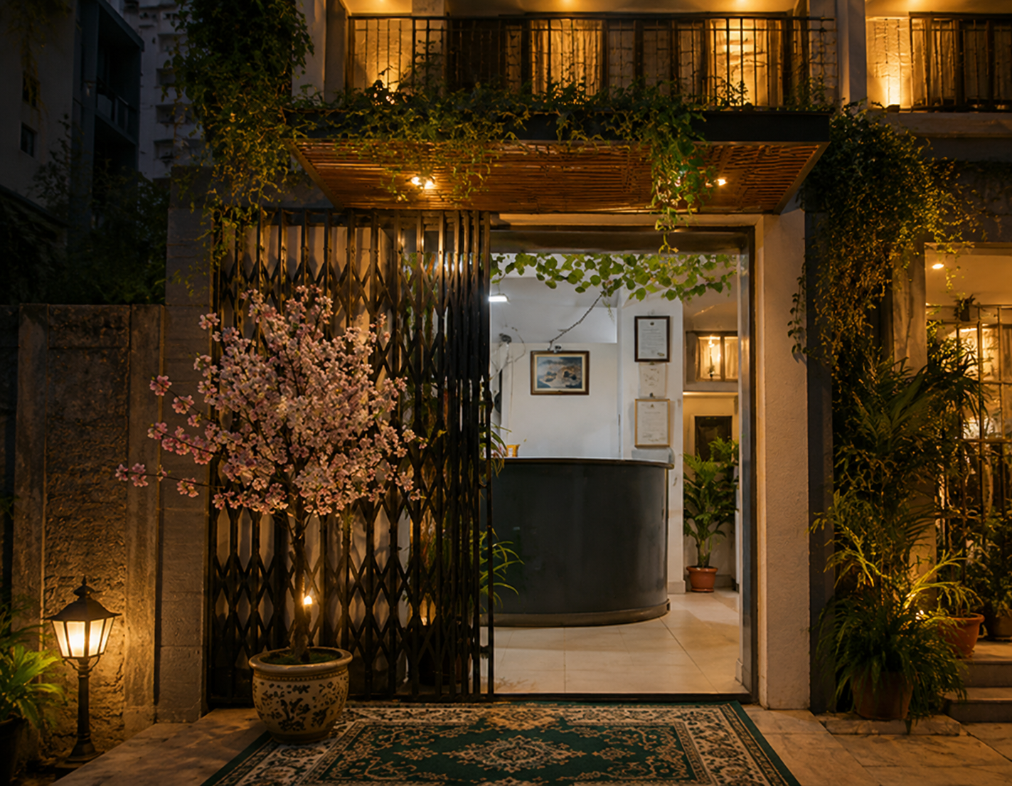 Hotel Green Way — warmly lit residential hotel entrance in Farmgate, Dhaka